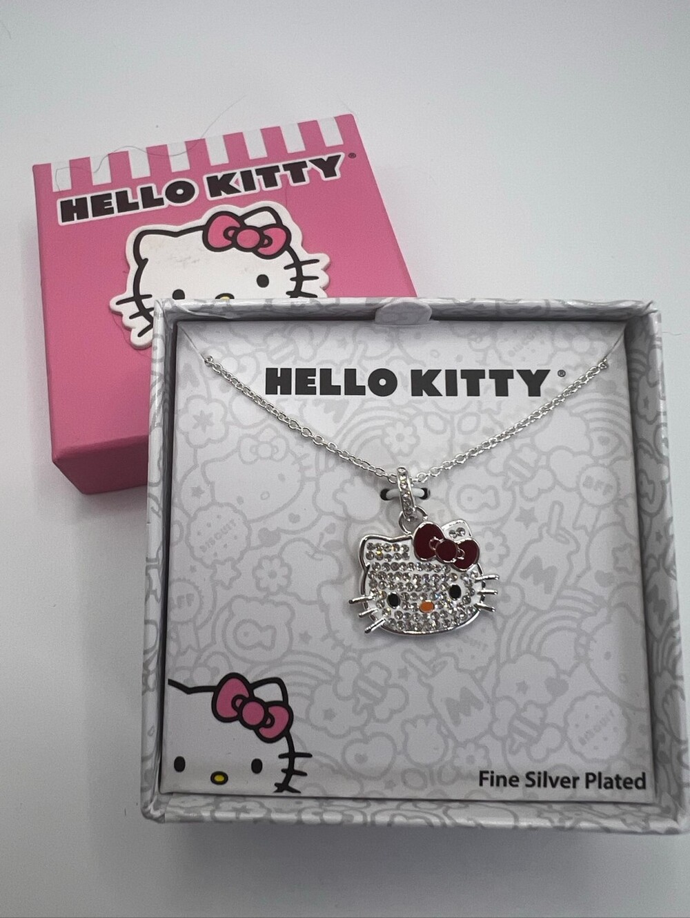 Hello Kitty! Silver-Plated Brass Crystal💎 Pendant Necklace🎀Pink Bow 16"+2 NIB